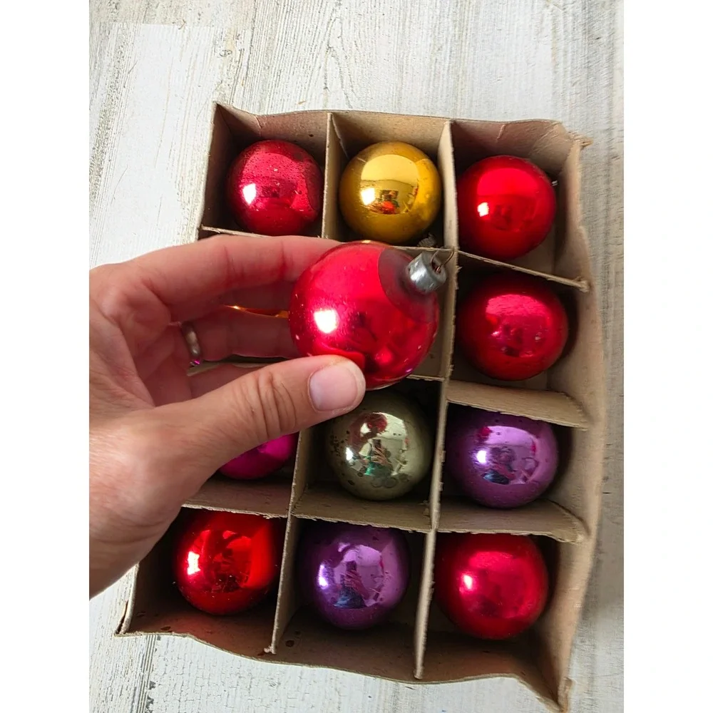 Vintage shiny Brite solid mercury glass ornament set box purple orange pink red